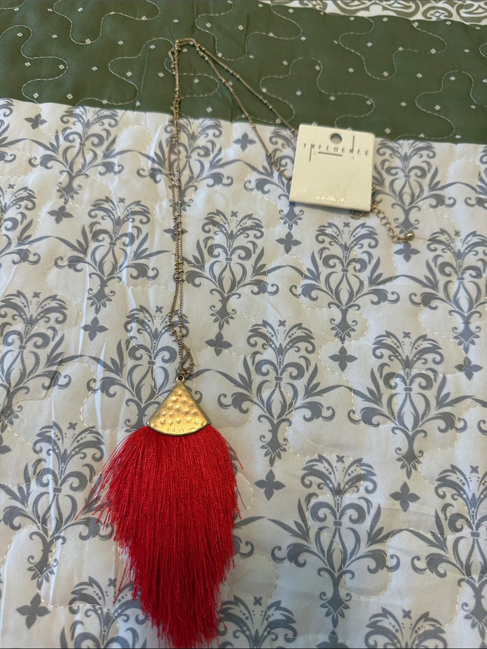 Influence Red Feather Tassel Pendant Necklace with Gold Accent- 15” w/ 3” exte